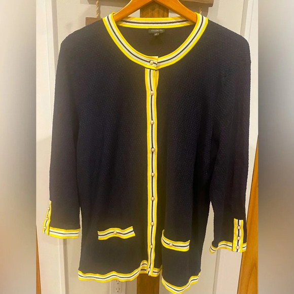 Talbots Women's Navy Yellow Trim Pearl Button Stretch Career Cardigan Sweater XL - Picture 2 of 14